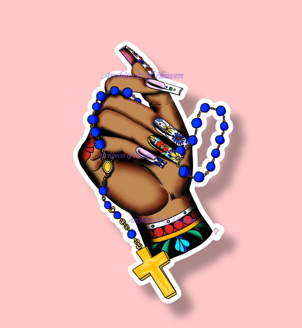 Traditional Tattoo Hand Rosary Sticker: Mexican Folk Art Vinyl Decal (Waterproof)