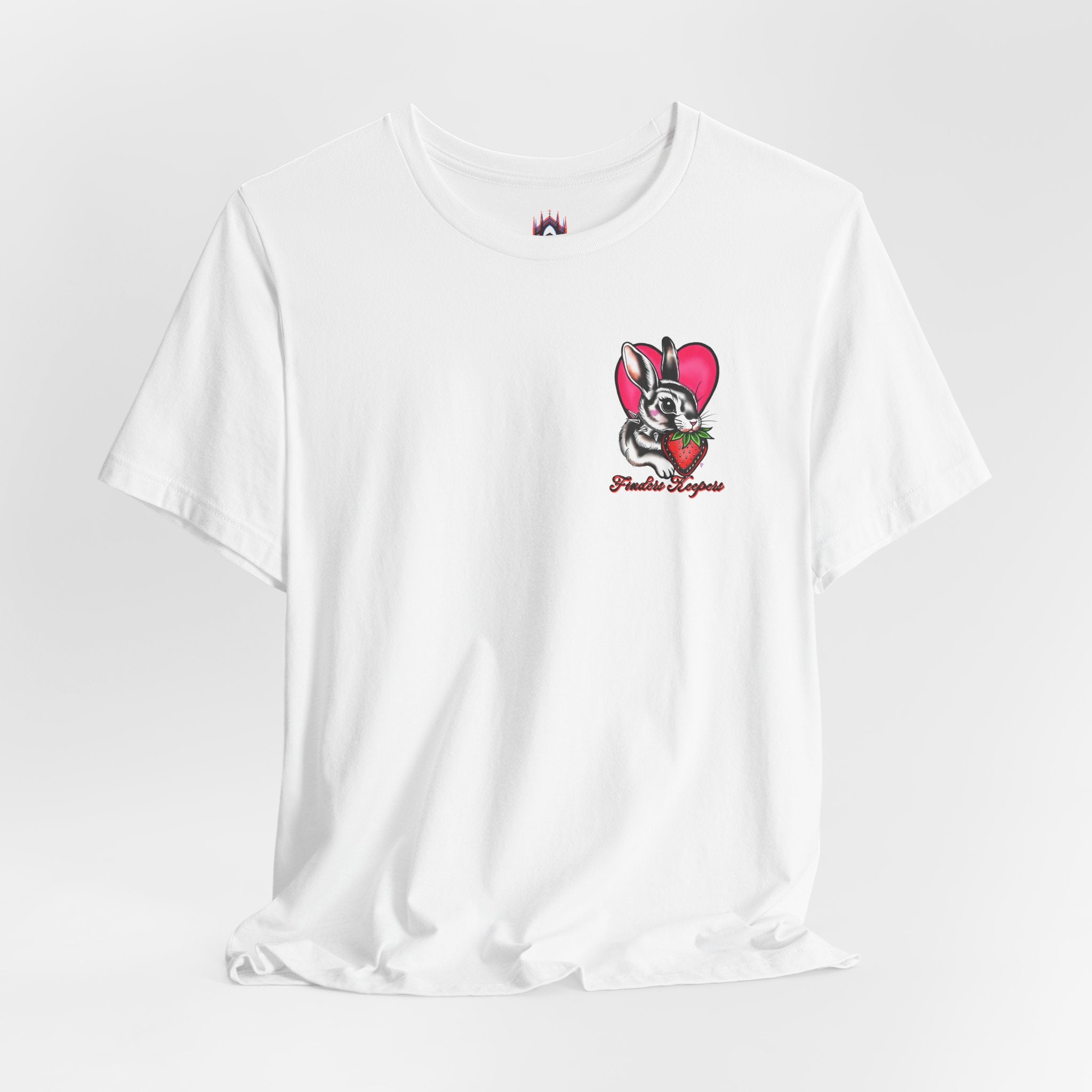 Bold Traditional Tattoo Bunny T-Shirt | Spiked Collar Rabbit with Strawberry | Finders Keepers