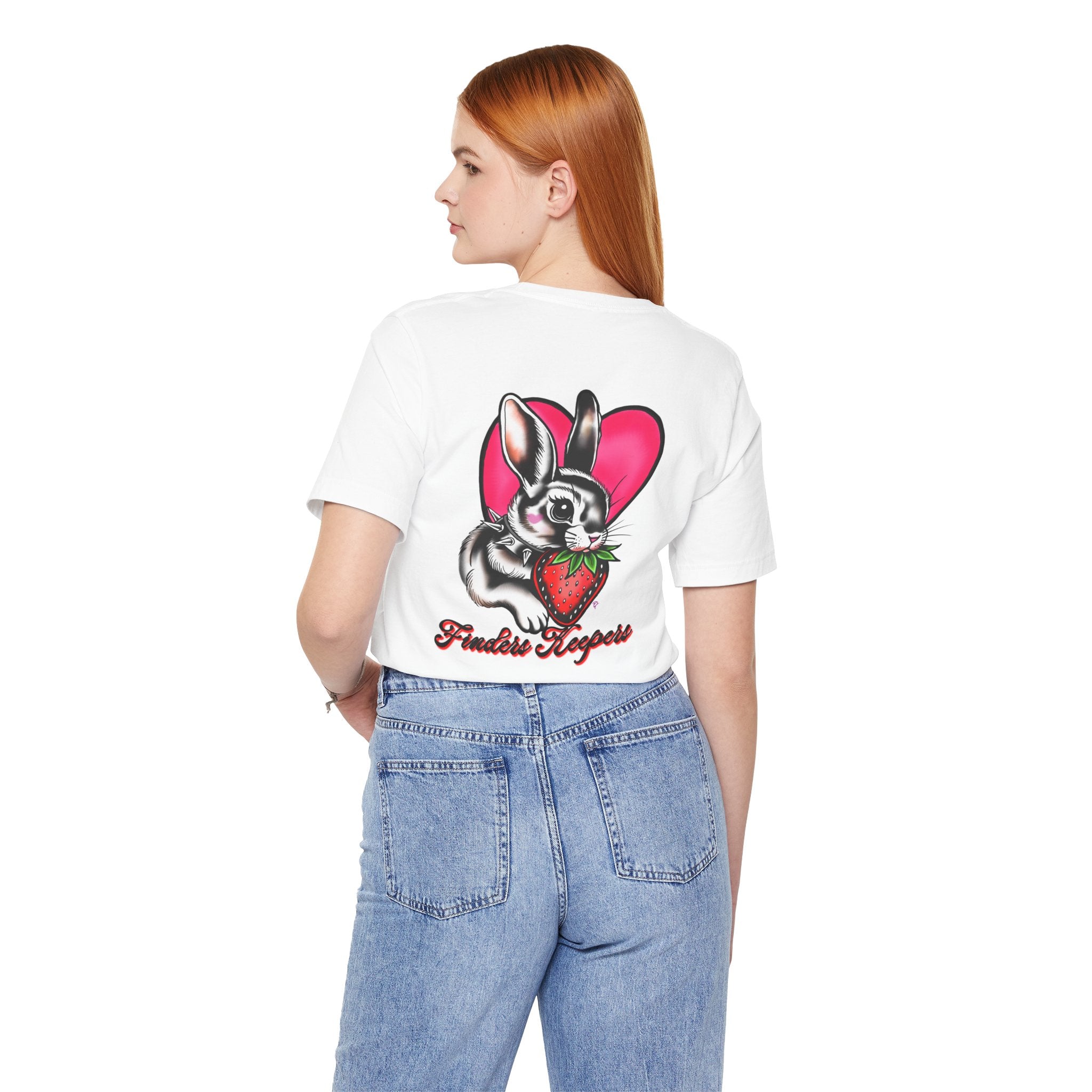 Bold Traditional Tattoo Bunny T-Shirt | Spiked Collar Rabbit with Strawberry | Finders Keepers
