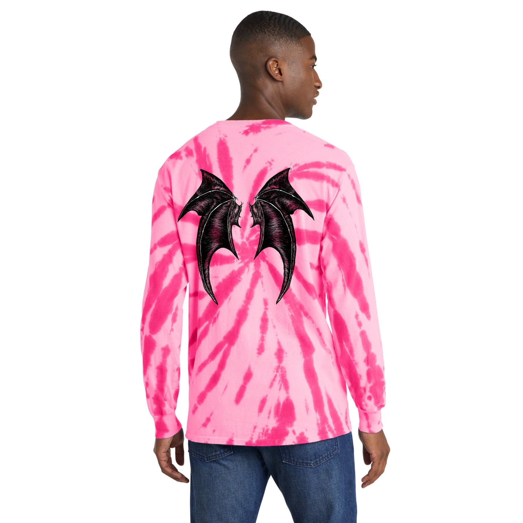 Tommi the Batcat Light Pink Tie-Dye Long Sleeve Tee AOH | Hand-Drawn NO AI
