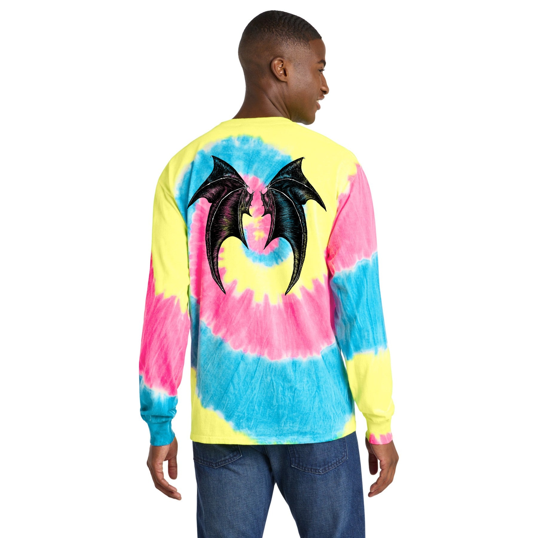 Tommi the Batcat Light Pink Tie-Dye Long Sleeve Tee AOH | Hand-Drawn NO AI