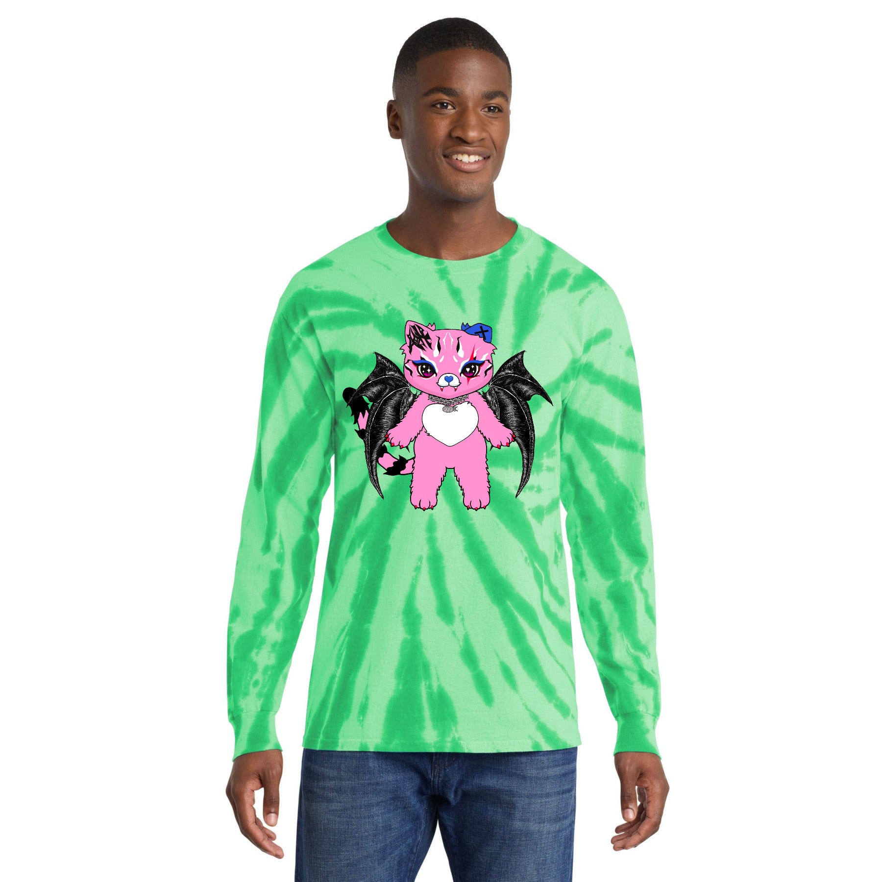 Tommi the Batcat Light Pink Tie-Dye Long Sleeve Tee AOH | Hand-Drawn NO AI