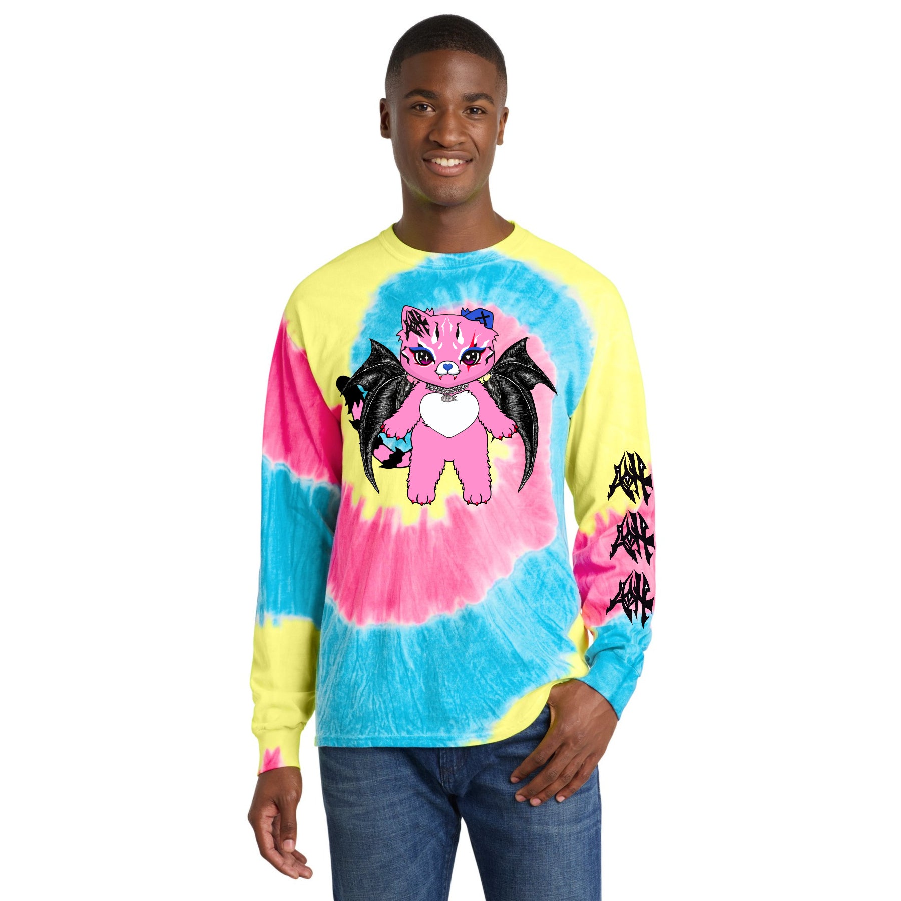 Tommi the Batcat Light Pink Tie-Dye Long Sleeve Tee AOH | Hand-Drawn NO AI