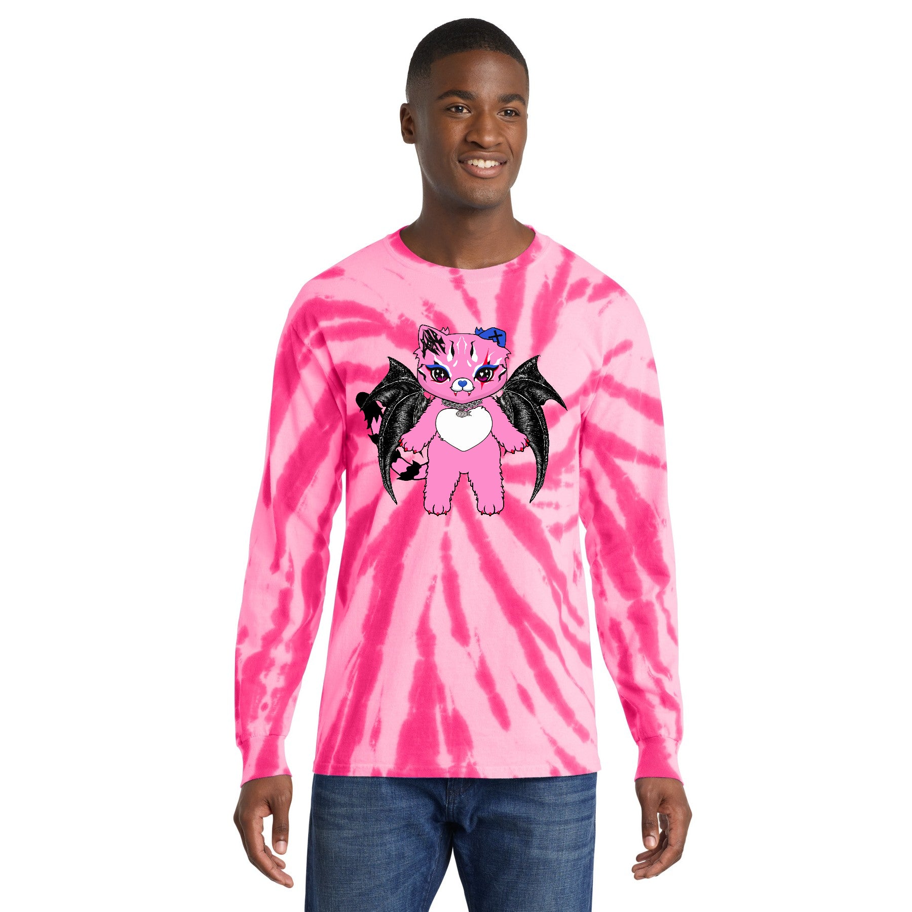 Tommi the Batcat Light Pink Tie-Dye Long Sleeve Tee AOH | Hand-Drawn NO AI