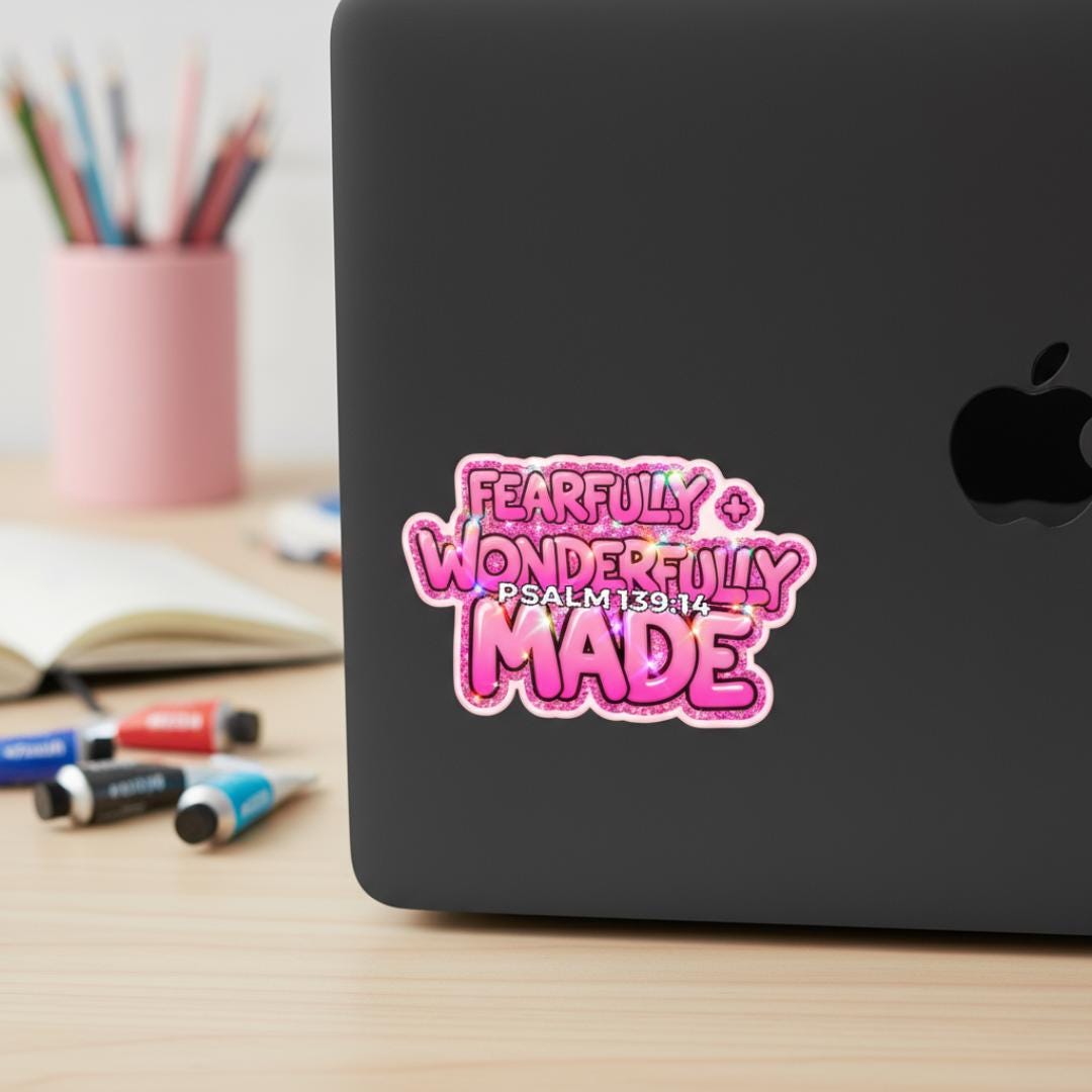 Psalm 139:14 Vinyl Sticker, Pink Glitter, Waterproof Decal