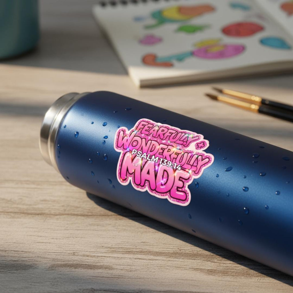 Psalm 139:14 Vinyl Sticker, Pink Glitter, Waterproof Decal