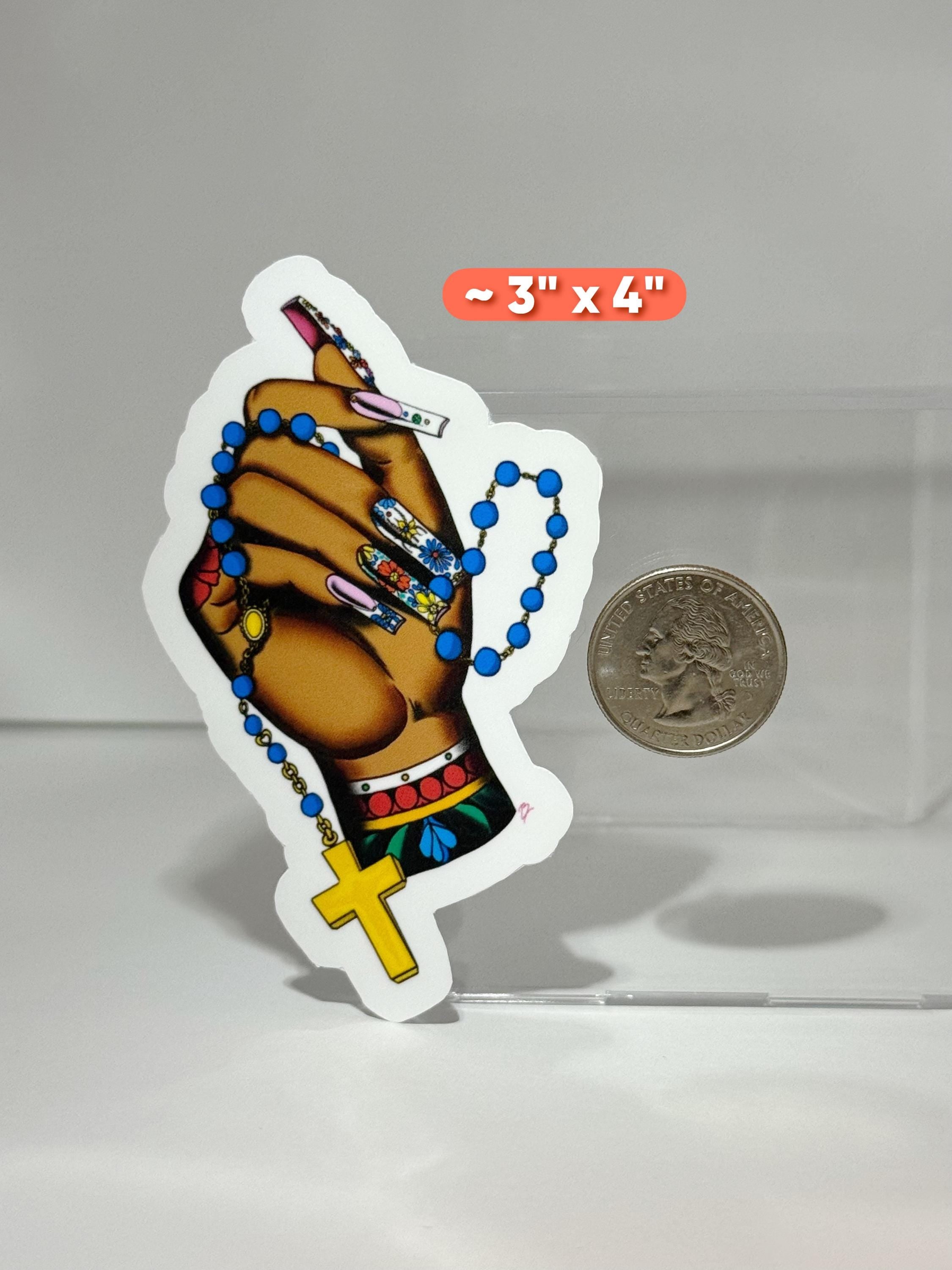 Traditional Tattoo Hand Rosary Sticker: Mexican Folk Art Vinyl Decal (Waterproof)