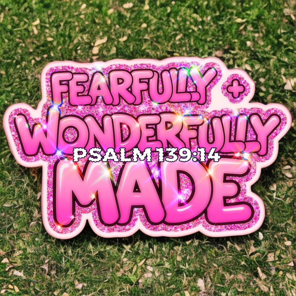 Psalm 139:14 Vinyl Sticker, Pink Glitter, Waterproof Decal