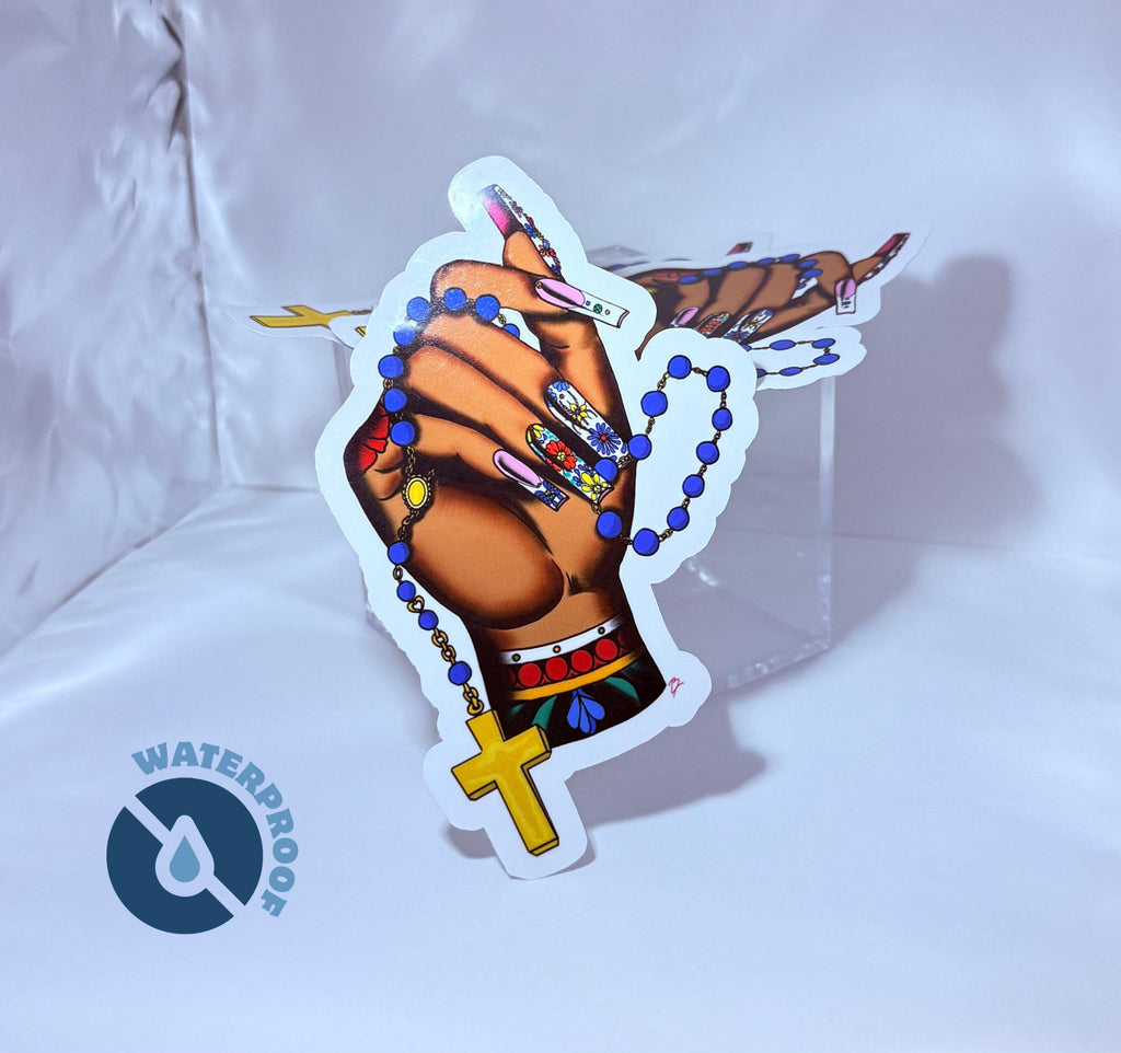 Traditional Tattoo Hand Rosary Sticker: Mexican Folk Art Vinyl Decal (Waterproof)