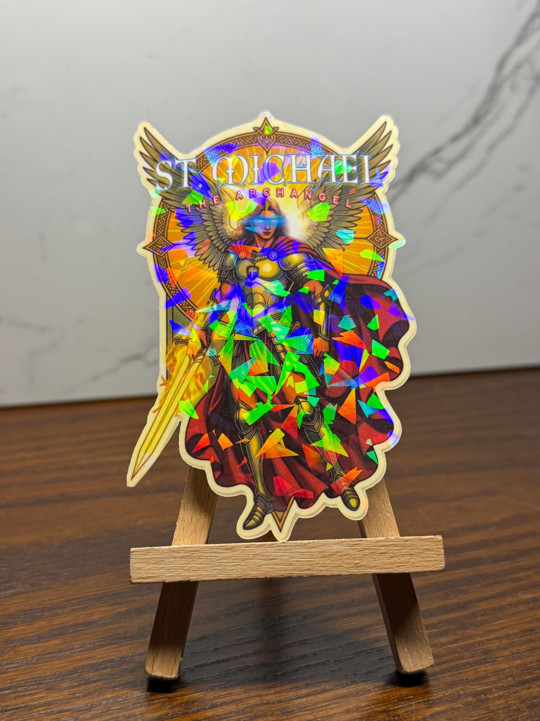 St Michael Archangel Comic book Style Stained GLASS effect waterproof sticker holographic LARGE sized sticker