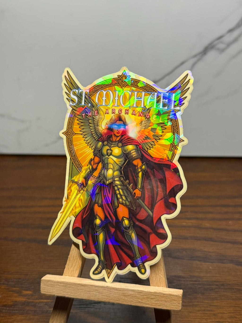 St Michael Archangel Comic book Style Stained GLASS effect waterproof sticker holographic LARGE sized sticker