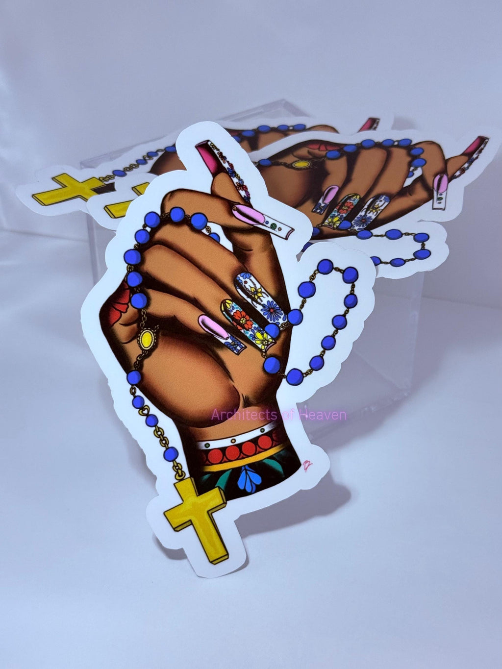 Traditional Tattoo Hand Rosary Sticker: Mexican Folk Art Vinyl Decal (Waterproof)