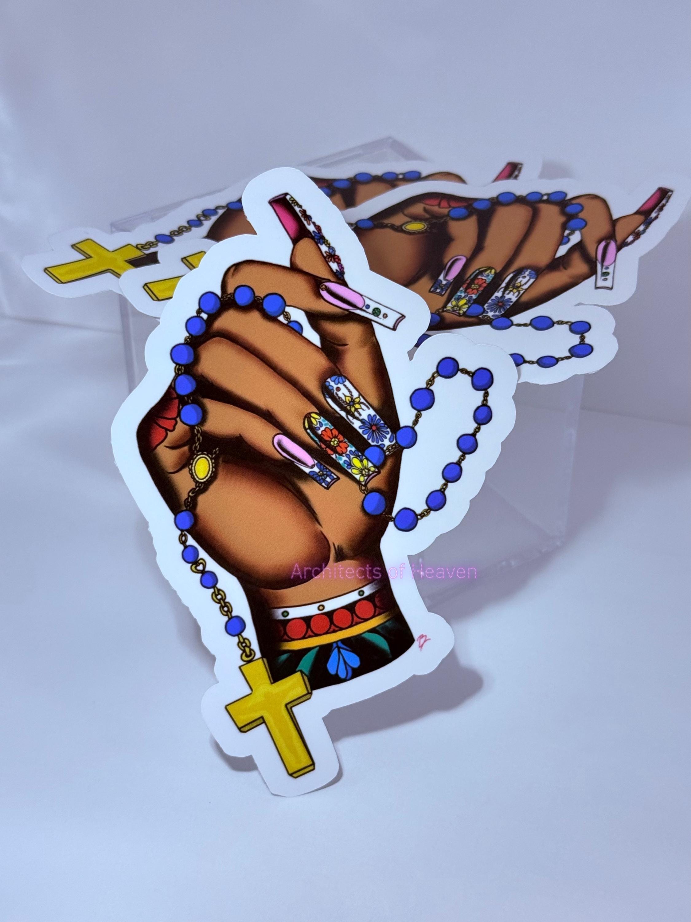 Traditional Tattoo Hand Rosary Sticker: Mexican Folk Art Vinyl Decal (Waterproof)