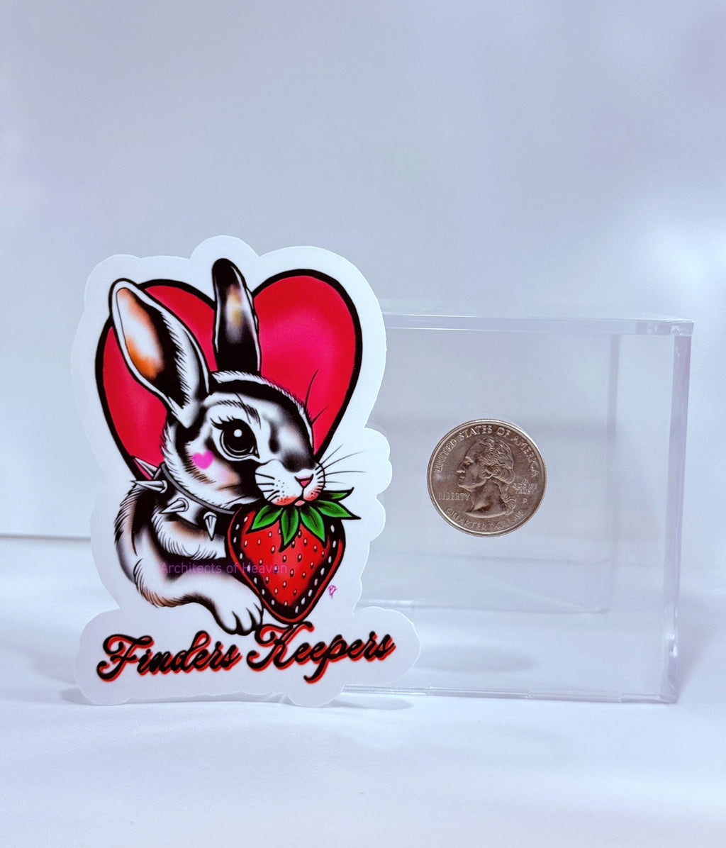 Finders Keepers Bunny Sticker Traditional Tattoo Style Rabbit Vinyl Decal - HAND DESIGNED no AI