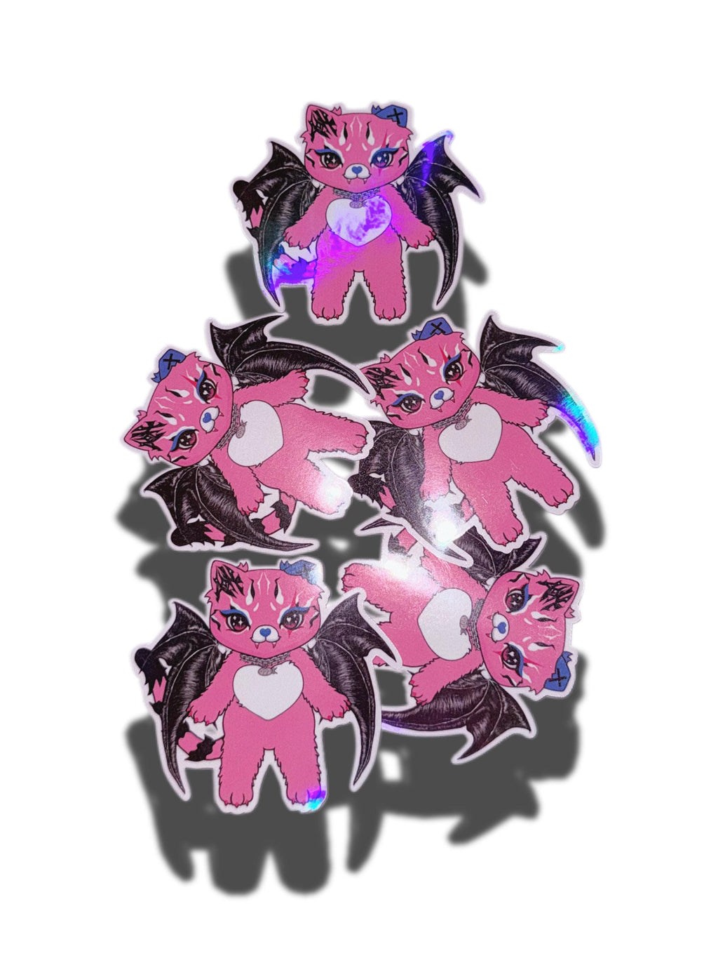 Holographic Tommi the Batcat Sticker - Pink Gothic Kawaii Holo Vinyl - Hand Drawn No AI