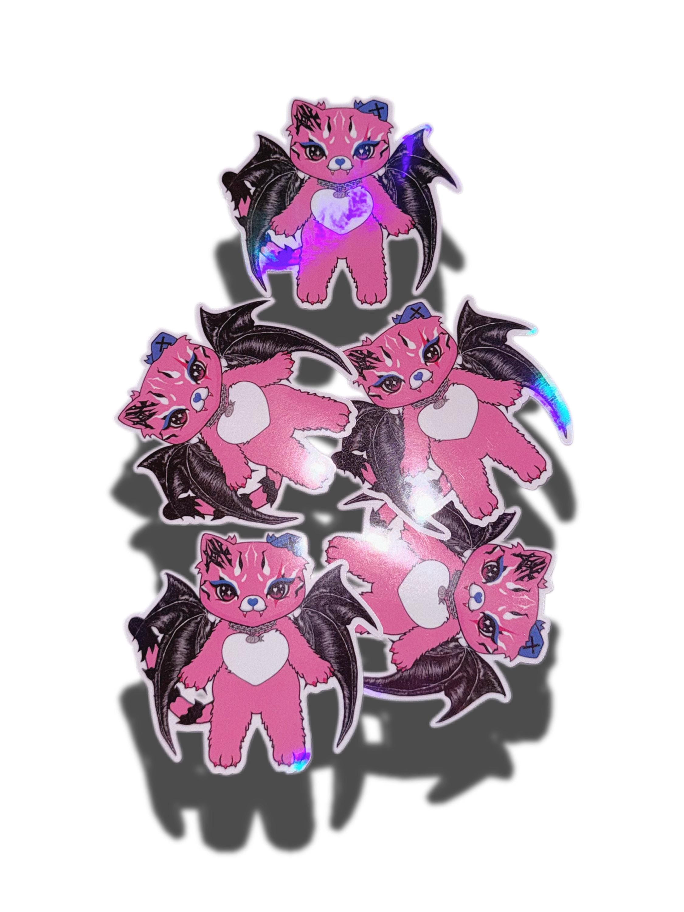 Holographic Tommi the Batcat Sticker - Pink Gothic Kawaii Holo Vinyl - Hand Drawn No AI