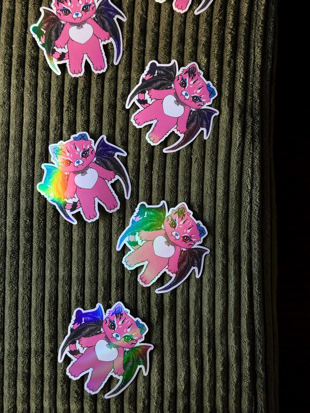 Holographic Tommi the Batcat Sticker - Pink Gothic Kawaii Holo Vinyl - Hand Drawn No AI