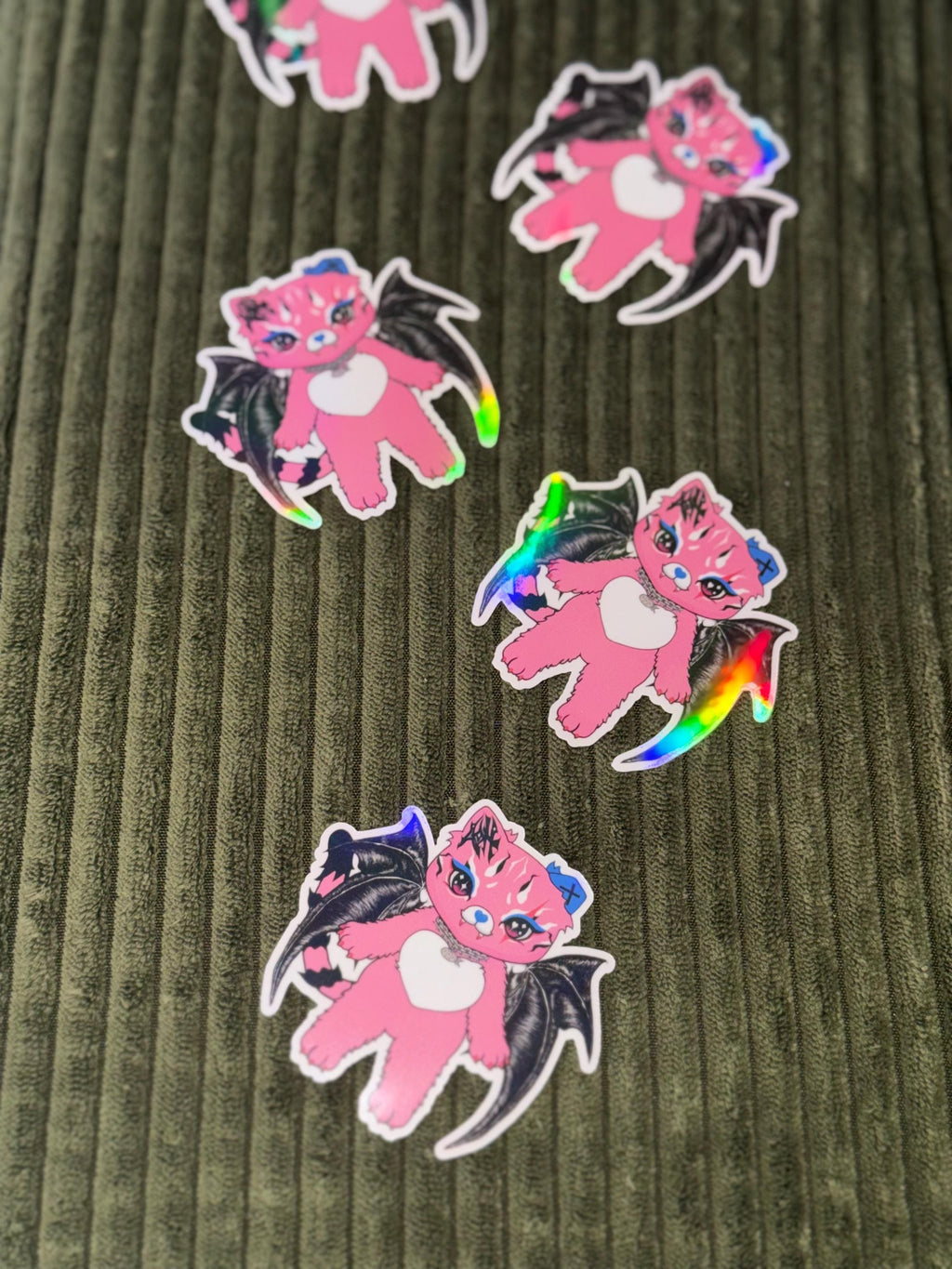 Holographic Tommi the Batcat Sticker - Pink Gothic Kawaii Holo Vinyl - Hand Drawn No AI